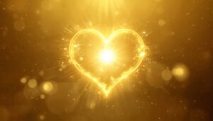 cœur symbolique spirituel doré, forme de cœur d'amour simple, lumière divine, aura sacrée, énergie céleste dorée